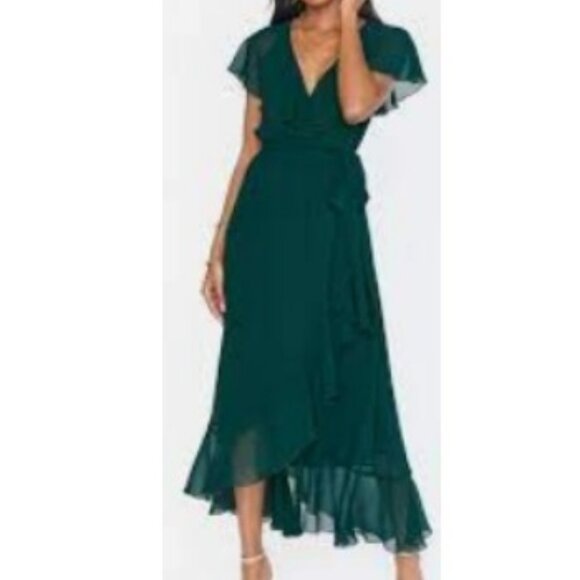 Show Me Your MuMu Jessie Ruffle Chiffon Bridesmaid Dress Emerald M 🆕⌚📦🏃💨🚚 - Picture 3 of 15
